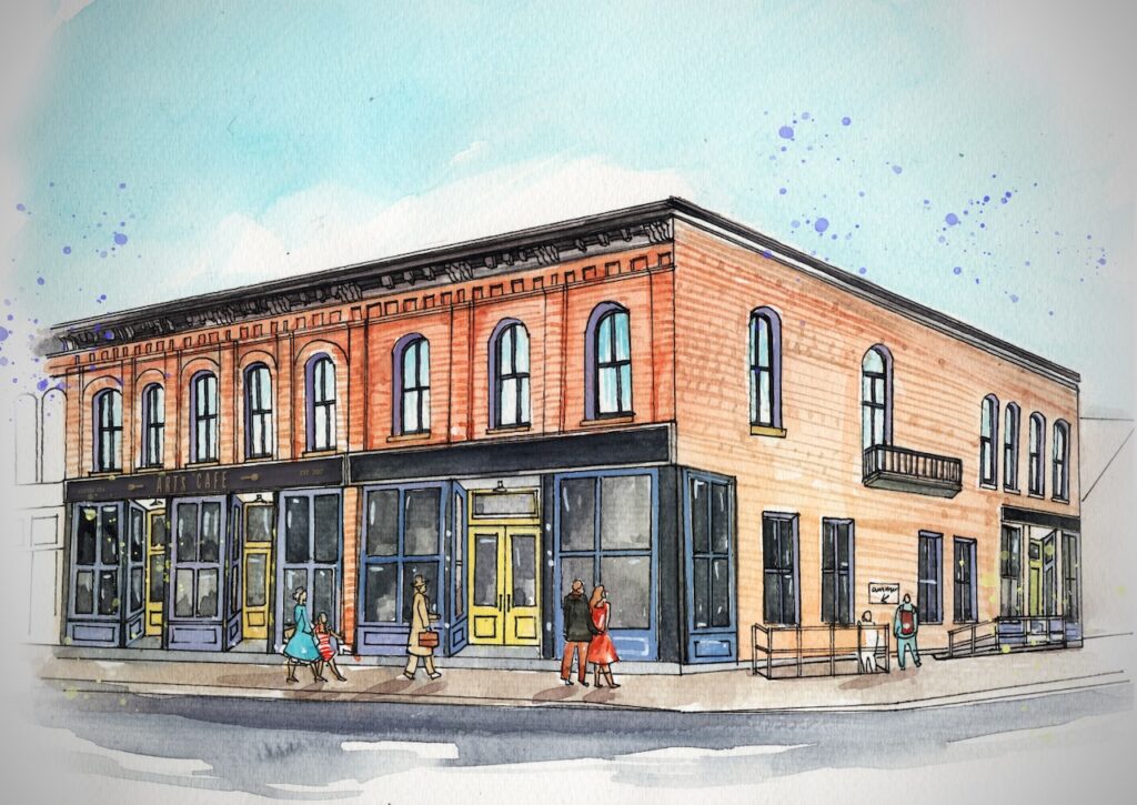 A watercolor painting of the proposed changes to the building at 3 East Main